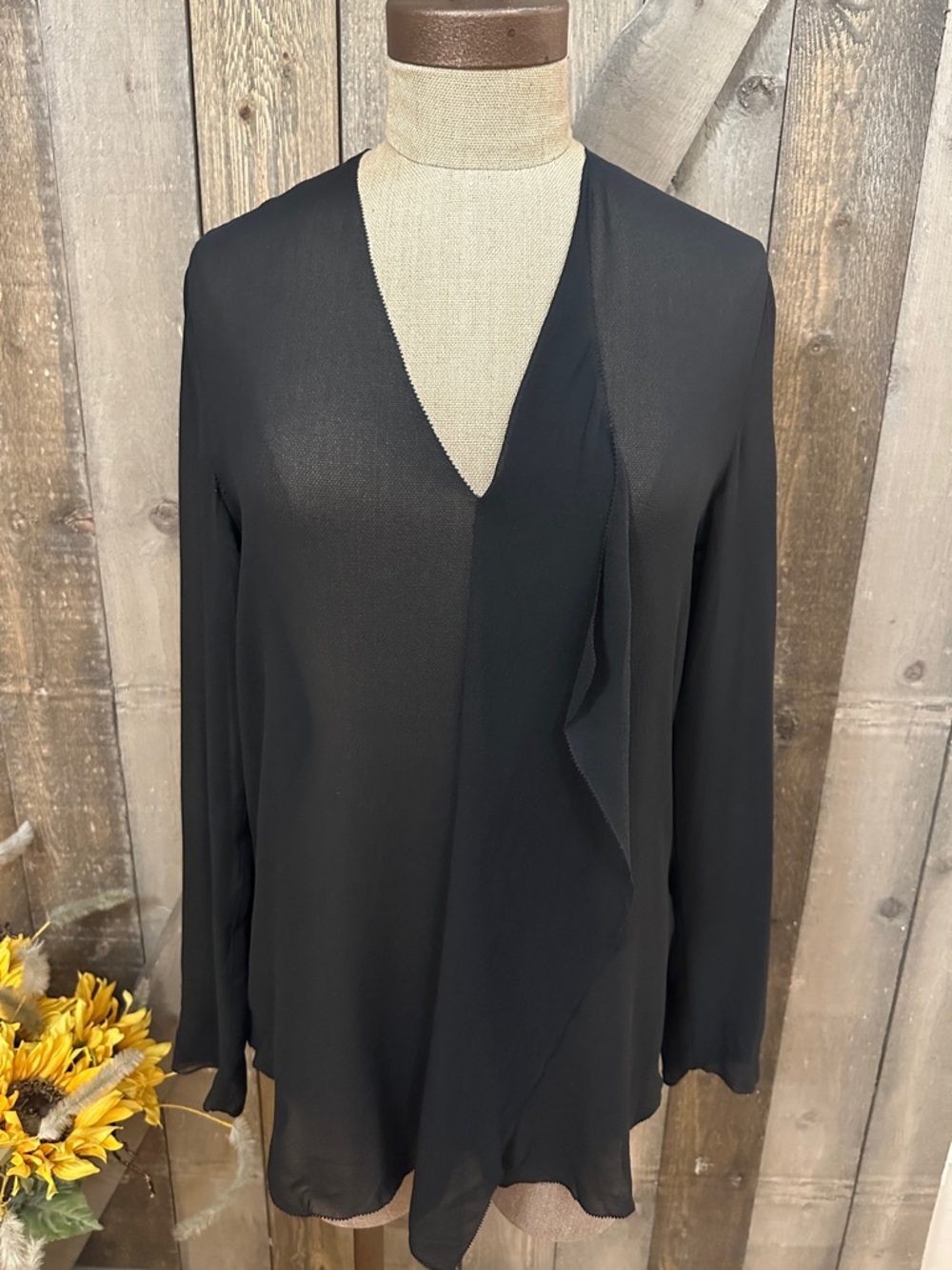Aritzia Babaton 100% Silk Sheer Draped V Neck Blouse Black Minimalist work XS